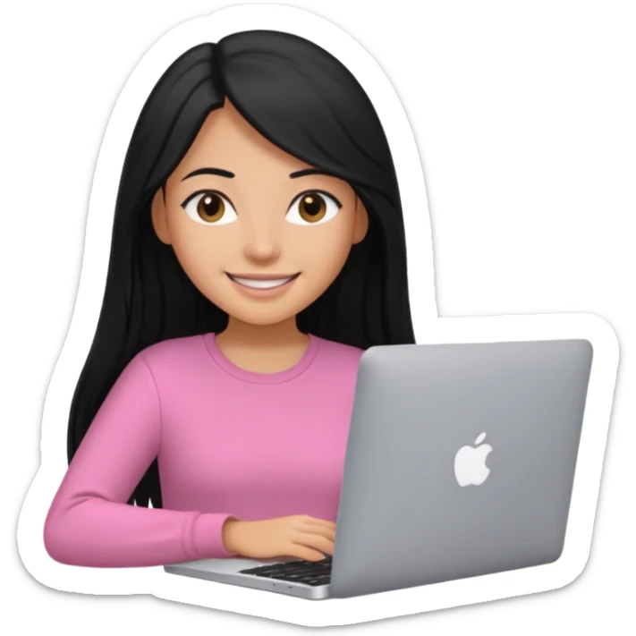 girl with black long hair working in a macbook, pink shirt, smily sticker