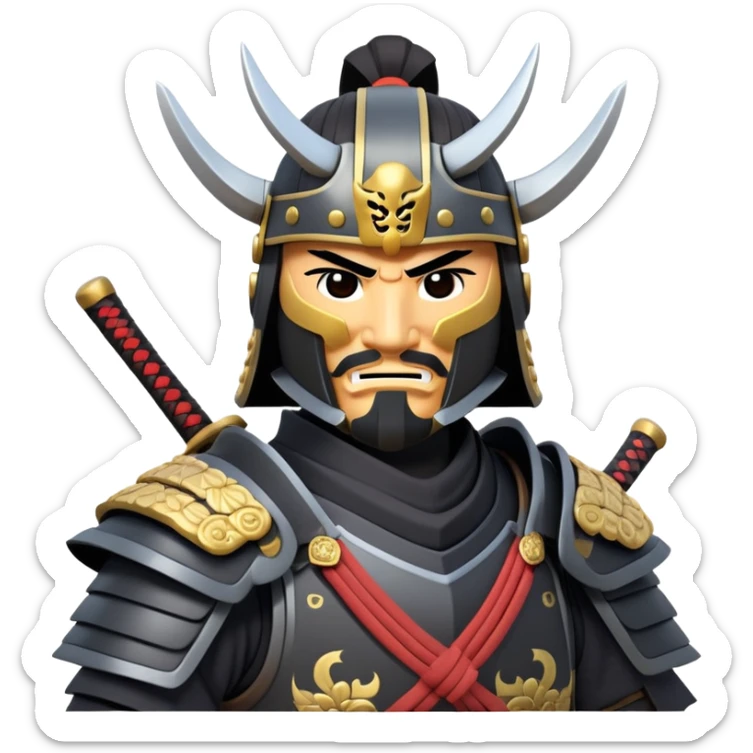 clash-of-clans-aesthetic_-cinematic-fearsome-and-majestic-samurai-bust-portrait-emoji, rendered in a flat, vector-style with minimal shading and bold, simplified shapes typical of emoji art, depicting a battle-hardened samurai with black mask and traditional black Japanese armor. The samurai is riding a noble grey warhorse adorned with an intricately designed saddle and fluttering banners and a rising sun. a samurai riding on a  horse zoomed in sticker