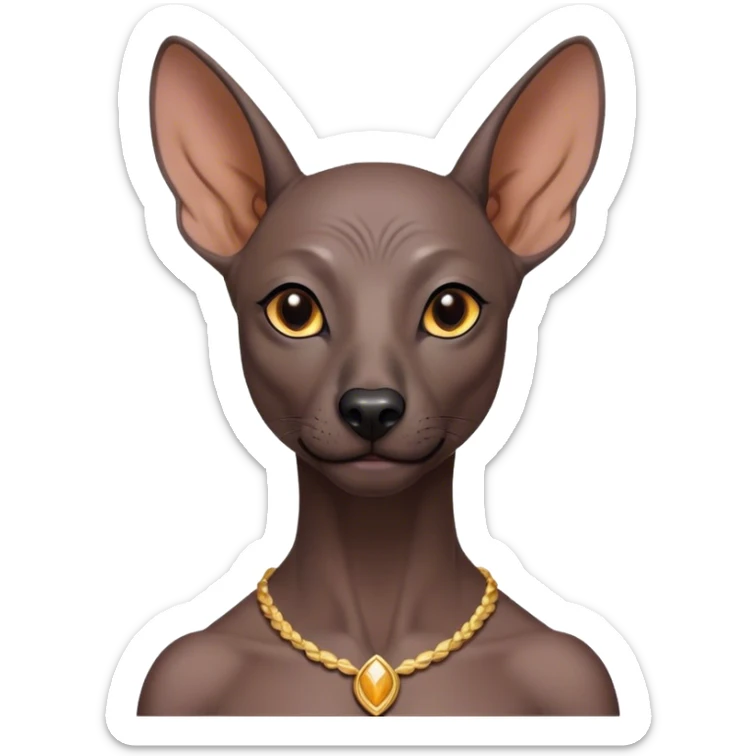 Cinematic Noble Xoloitzcuintle Portrait Emoji, Poised and regal, with a sleek, muscular build and smooth, hairless ebony skin accented by subtle wrinkles, deep-set soulful dark eyes, Simplified yet sharp and sophisticated features, highly detailed, glowing with a soft, dignified glow, high shine, intelligent and loyal, stylized with an air of ancient grace, focused and attentive, soft glowing outline, capturing the essence of a watchful and confident guardian, so majestic it feels as though it could stride out of the screen with effortless authority! sticker