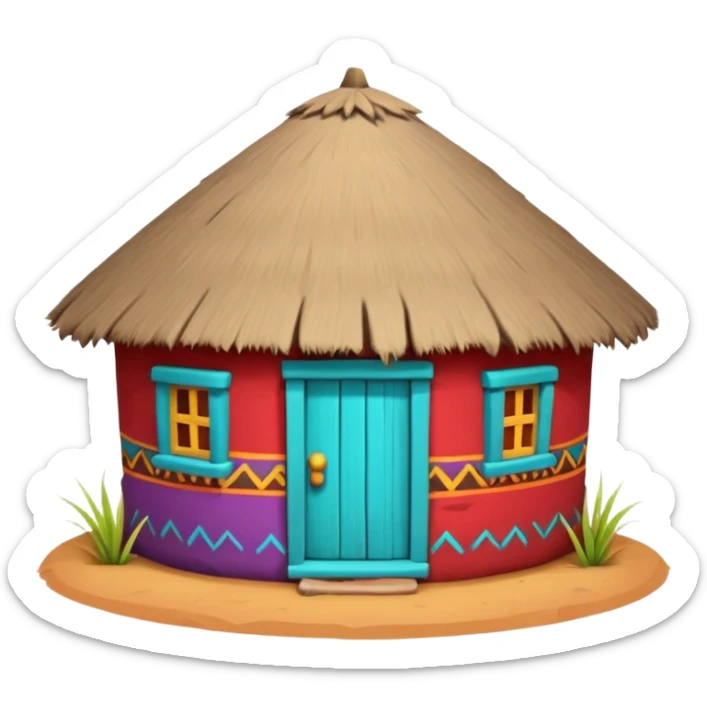 African mud hut tribal house, round adobe clay hut, thatched roof, bright colorful paint, walls in turquoise, red, yellow, purple, tribal patterns, cute mobile game icon, 3D cartoon, soft shadows, clean background, no text, no watermark sticker