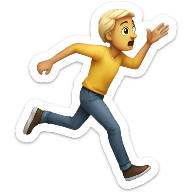 A PERSON RUNNING WITH A WORRIED EXPRESION AND A HAND IN THE AIR TRYING TO REACH SOMETHING sticker