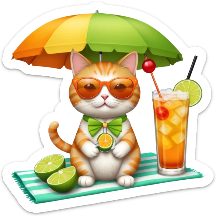 Cute cat on beach towel with a tropical mai tai drink and sunglasses sticker
