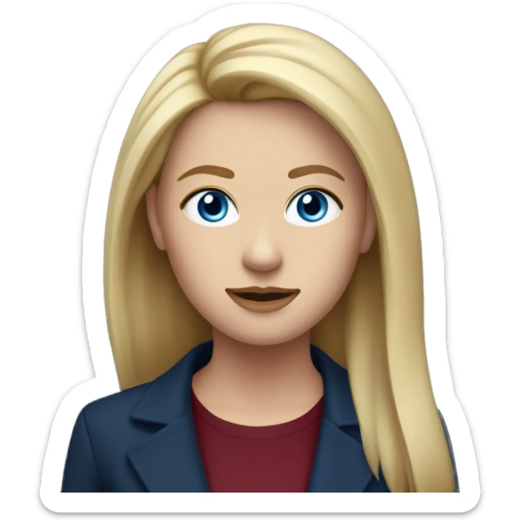 portrait of an adult girl, blue eyes, straight long bob blond hair, dark blue jacket suit, burgundy red shirt under sticker