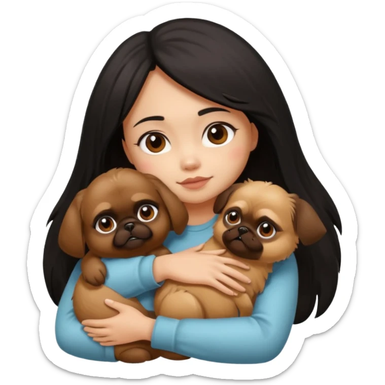 black hair girl hugging brown pekingese dog that looks a little bit like brown gremlin sticker