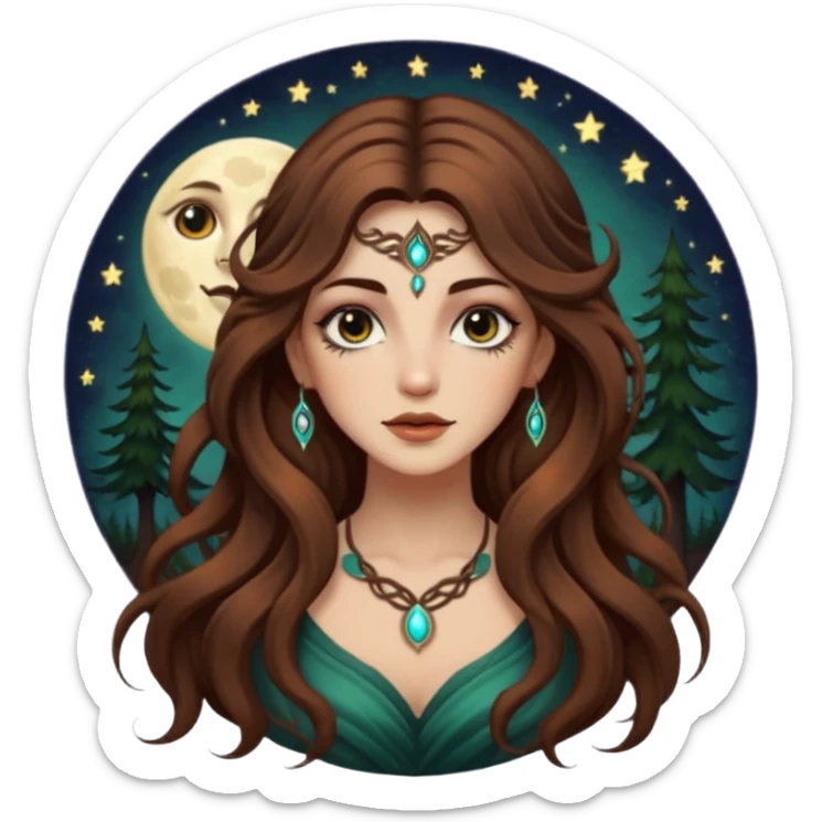 forest mystic woman long wavy brown hair tattoos half-lidded eyes moon glow sticker