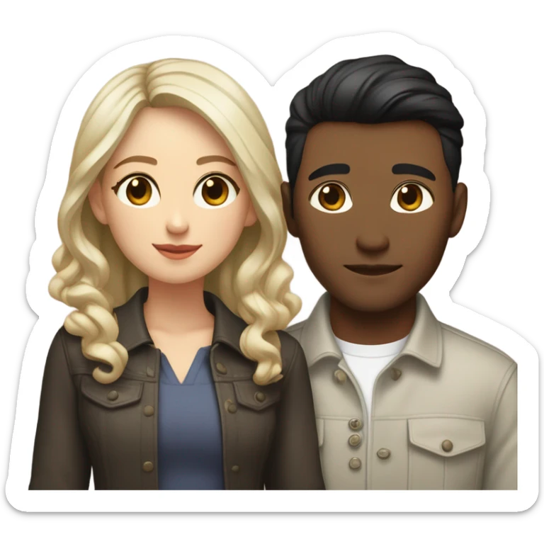 A pale half Asian man with short dark hair and amber eyes embracing and loving a white woman with long wavy brunette hair and dark hazel eyes. They love each other a lot And have good fashion taste and are hugging each other tight  sticker