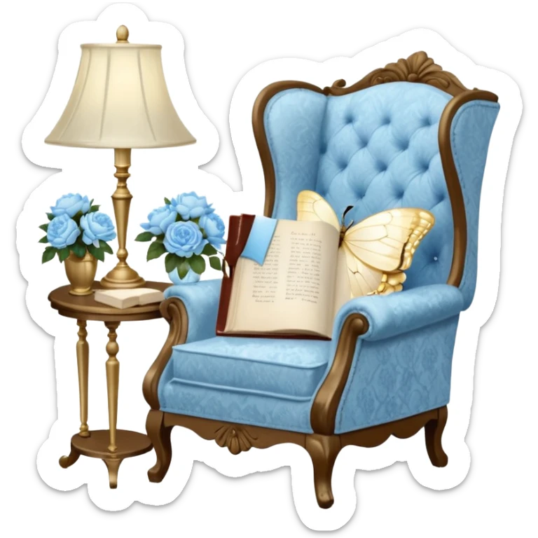 A cozy vintage-inspired reading nook, with an overstuffed ivory armchair, a golden reading lamp, and a bouquet of soft blue roses, white peonies, and dahlias resting on a small lace-covered side table, as a pearl butterfly gently rests on the open book.  sticker