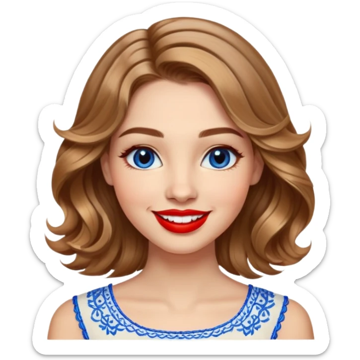 Cheerful woman with clear skin, round face, wide friendly smile, big light brown eyes, vibrant red lipstick, shoulder-length wavy dark blonde hair with light highlights, white top with blue embroidery and electric blue neckline sticker