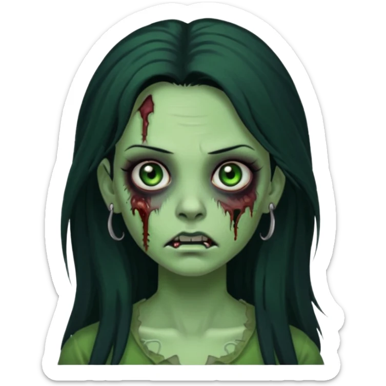 Zombie girl with a facial piercings long black hair green skin sticker