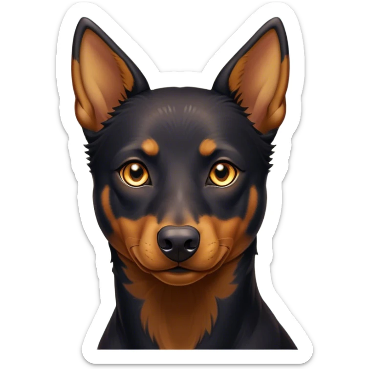 Cinematic Noble Black and Tan Kelpie Portrait Emoji, Poised and regal, with a strong, agile build and a glossy, well-groomed Fur of deep black and tan accents, piercing dark eyes, Simplified yet sharp and sophisticated features, highly detailed, glowing with a soft, dignified glow, high shine, intelligent and energetic, stylized with an air of determination, focused and attentive, soft glowing outline, capturing the essence of a watchful and confident herder, so majestic it feels as though it could bound out of the screen with effortless authority! sticker