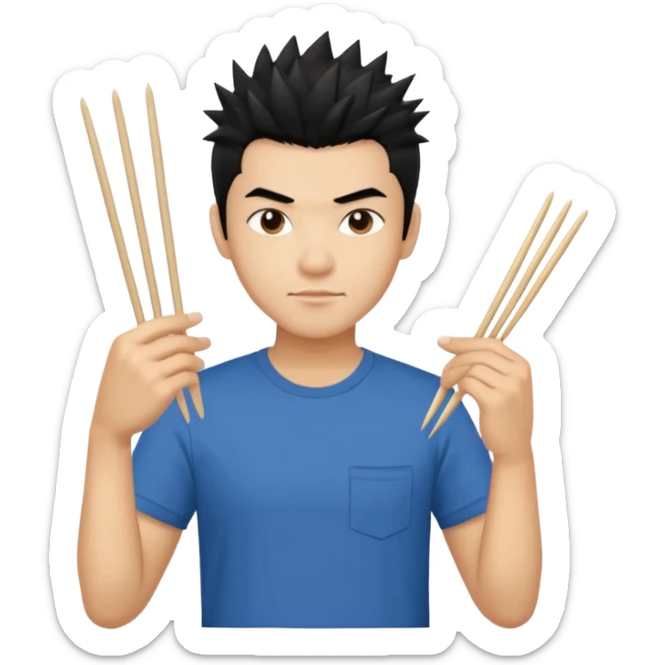 Make it a vietnamese male with spiky black hair hold ONE pair of chopsticks, t-shirt sticker