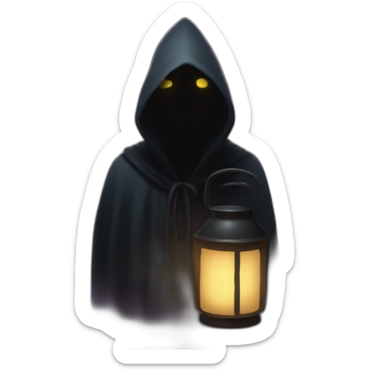 A mysterious figure cloaked in shadows, illuminated only by the soft glow of a lantern ,emoji sticker