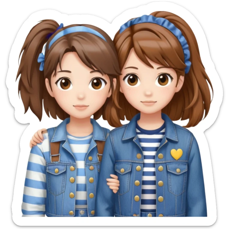 Two anime best friend girls with brown hair, one in striped shirt and denim jacket, one in denim overalls with hair clip sticker