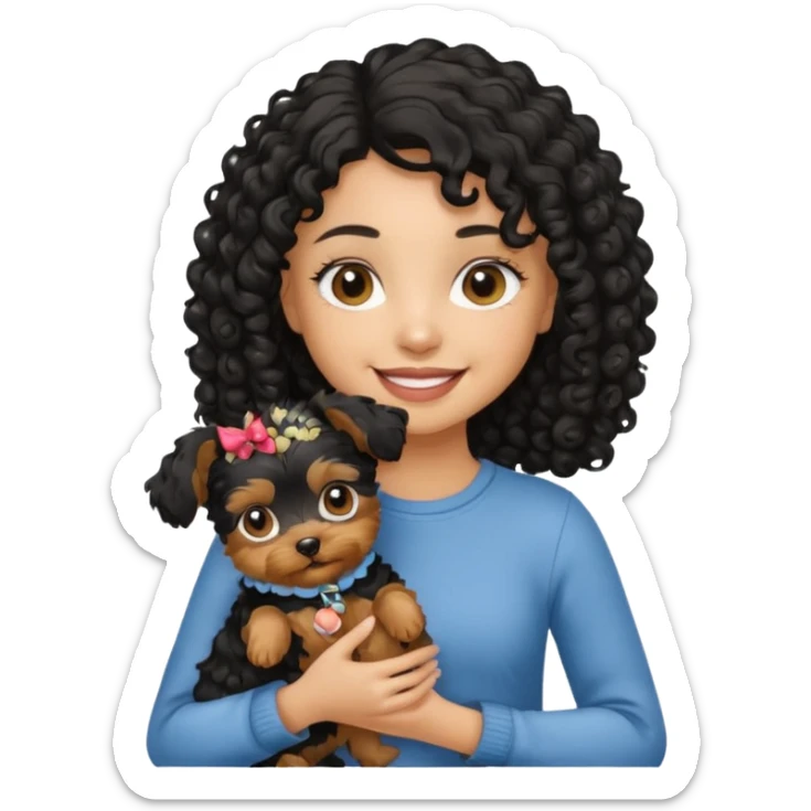 Light skin girl with curly black hair holding a yorkie dog  sticker