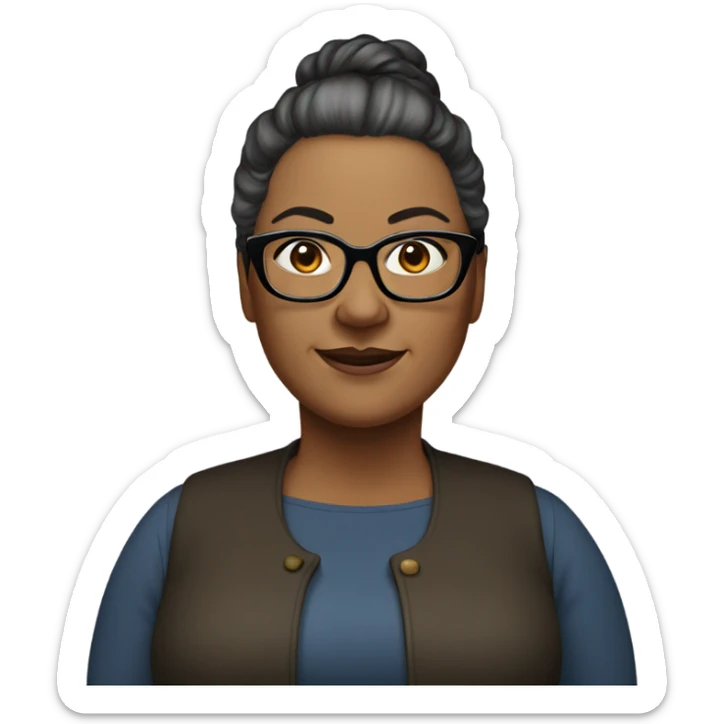 53 year old heavyset woman with dark brown ponytail and glasses sticker