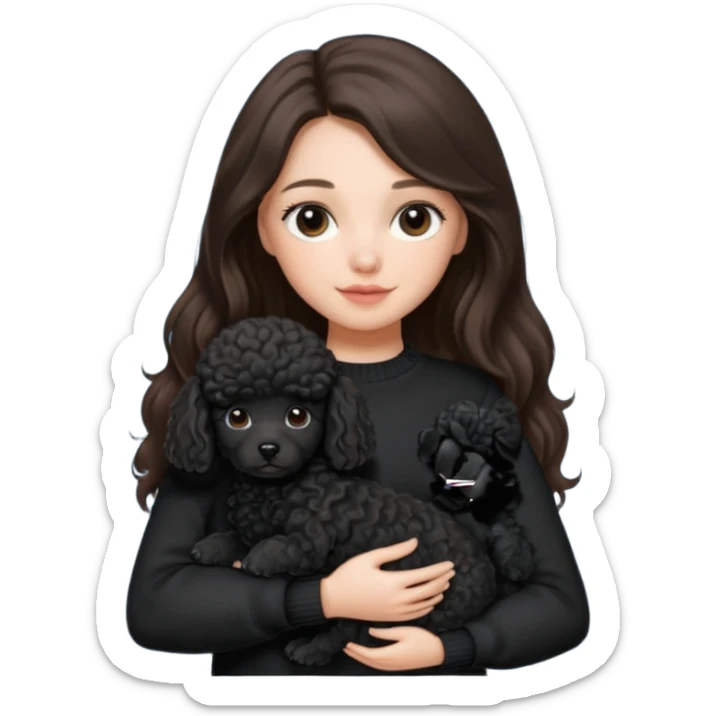One Brunette girl with long hair in a black sweater holds a single black Poodle puppy in her arms sticker