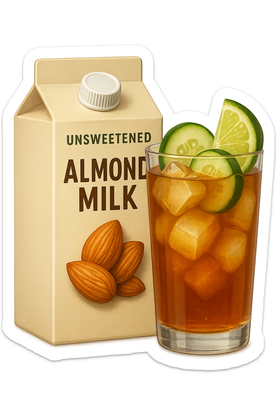 emoji stile iphone di un pacco di latte di mandorla non addizionato accanto ad un bicchiere di vetro di tè freddo con fettine di cetriolo e lime
IPERREALISTICO 4K sticker