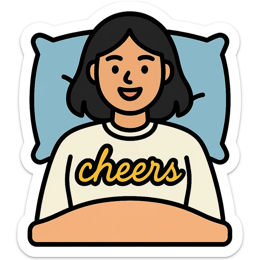 A woman with shoulder-length black hair, light to medium skin tone, full cheeks, and almond-shaped eyes, wearing a white sweater with the word 'cheers' in gold script, lying comfortably on a bed with soft lighting, joyful and radiant expression sticker