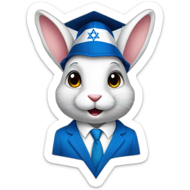 A rabbit student in a suit in the color of the Israel flag in a square academic cap sticker