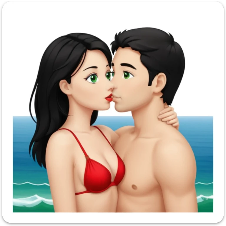 Blonde Woman, green eyes, Red thong, naked breast, Kissing man with blue eyes, black Hair, Background sea  sticker