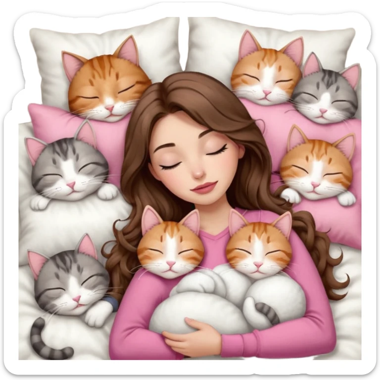 girl with long wavy brown hair, brown eyes, long lashes makeup, sexy pink lips, light to medium complexion,  sleeping on a cozy pillow, with 6 cats: 1 brown and white tabby cat, 1 ginger and white, 2 grey and white, 1 grey with white mittens and small white patch on chest and 1 calico, sleeping sticker