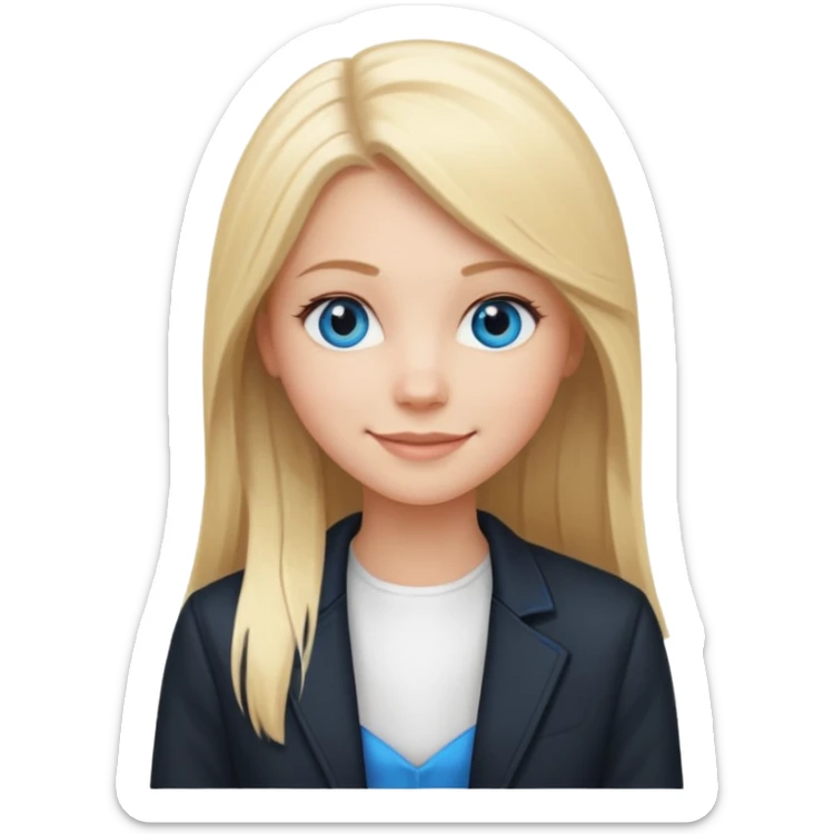 A white girl with long straight blonde hair, blue eyes and a white dress with a smiling black jacket sticker