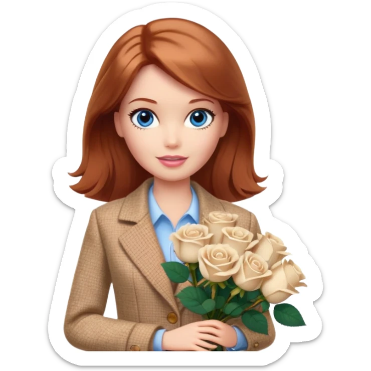 A Barbie girl with blue eyes, shoulder-length reddish-brown hair, made-up, wearing a beige tweed jacket and a beige skirt, with a bouquet of 9 white roses sticker