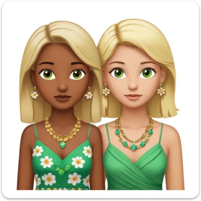 There will be two young women. One with dark brown skin, brown eyes, blonde hair, wearing a lot of necklaces and earrings. The other woman with green eyes, white skin, blonde hair, wearing a necklace and earrings, both wearing flowery dresses. sticker