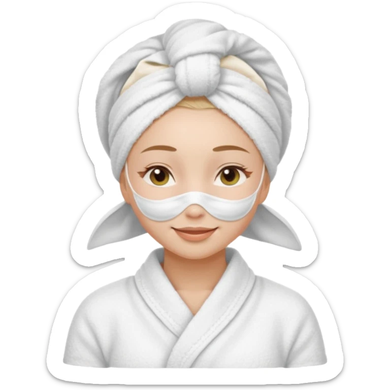 cute girl with her eyes closed and smiling, wearing a white spa towel as her clothes in she has a white spa towel on her head, white face skincare mask sticker