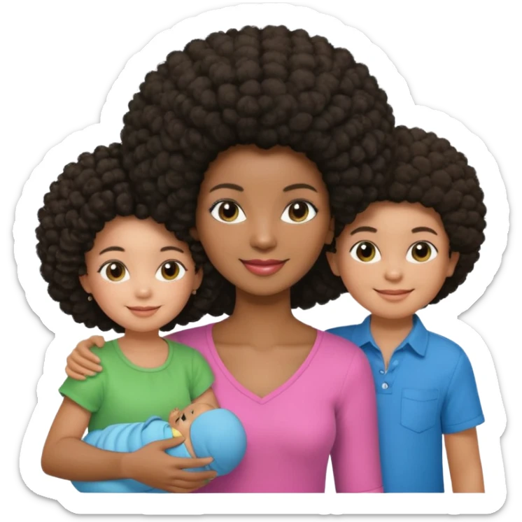 Polaroid photo with a dark woman with an afro hairstyle and a green blouse, two children: a boy with straight hair and a blue shirt, and a baby girl in a pink shirt. All are smiling. sticker