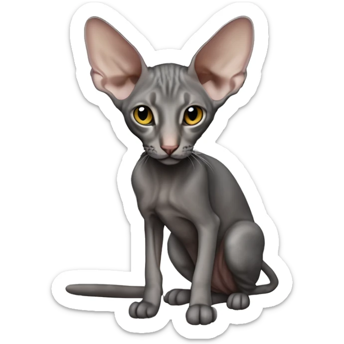 Realistická Peterbald mačka s nahou kožou, veľké uši čiernej farby, čierny nos, sfarbenie v siamskom štýle (svetlé telo s tmavšími končekmi labiek, uší a chvosta), výrazné svetlo modré oči, detailný vzhľad, prirodzený výraz.” sticker