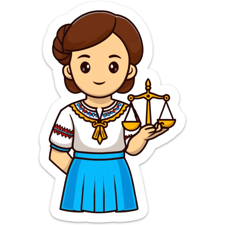 Ukrainian girl with brown hair wearing a traditional embroidered vyshyvanka shirt, holding scales of justice in her hand sticker