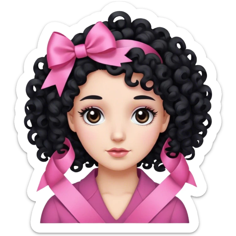 Kıvırcık siyah gözlü beyaz tenli kadın saçında pembe kurdele sticker