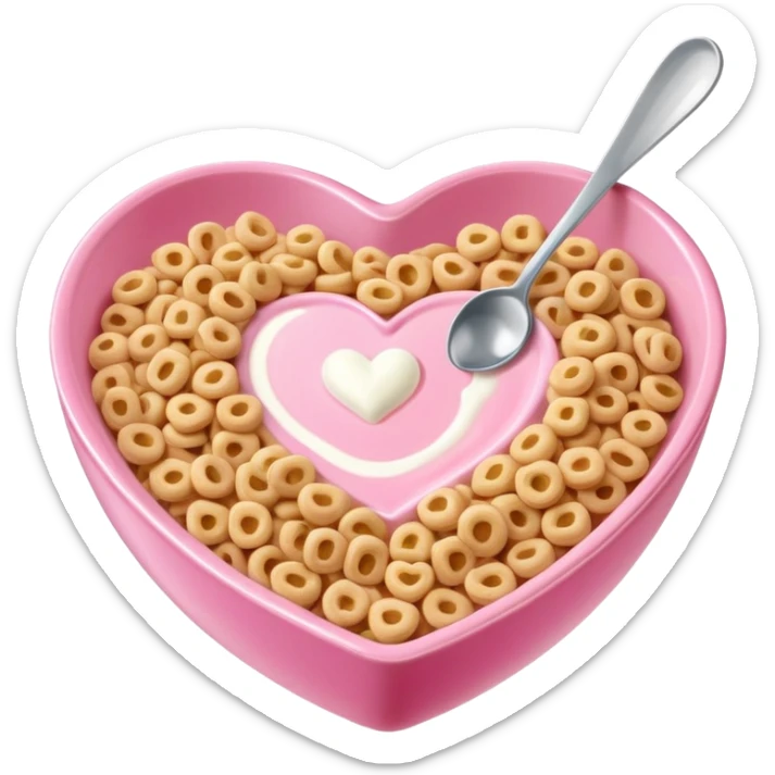 Letter cereal in a pink heart-shaped bowl with a small spoon in the cereal sticker