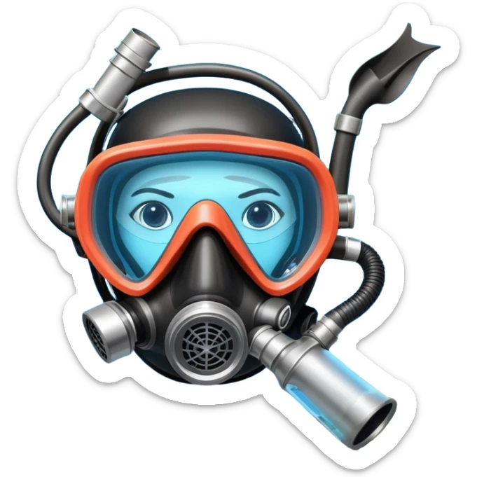 An icon featuring a close-up of a scuba diving mask, fins, and oxygen tank, with vibrant coral reefs and fish in the background. The design emphasizes the equipment and underwater beauty, symbolizing the thrill of exploring the deep sea. Transparent background highlights the serenity of the ocean. sticker