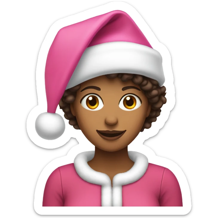 Tan woman with dark brown curly hair wearing pink Santa hat sticker
