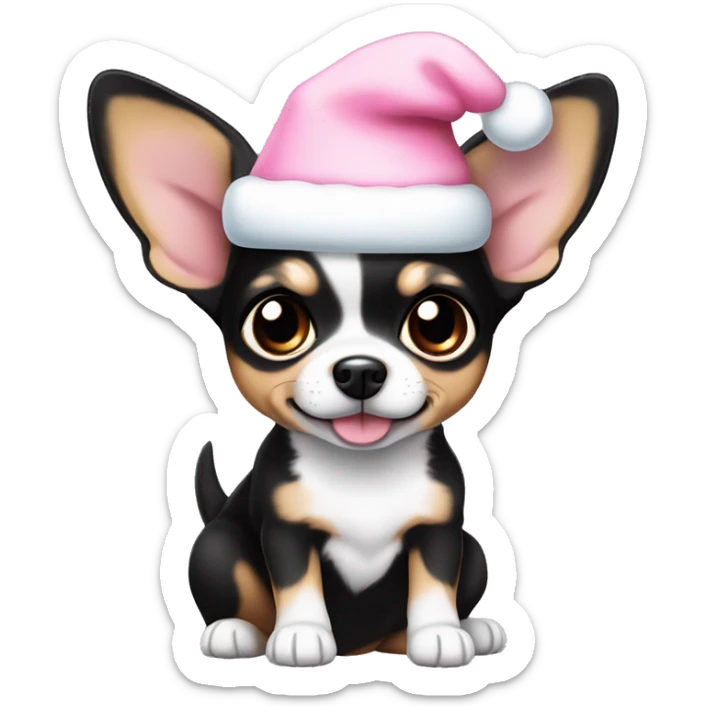 black & tan chihuahua puppy full body light blue eyes pink christmas hat on sticker