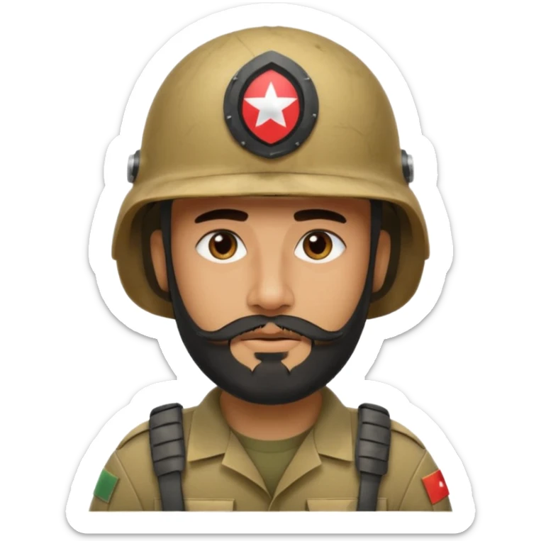 VERY TIRED, swarthy, Iraqi soldier in a helmet, helmet without insignia, with a beard sticker