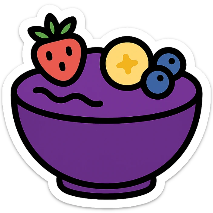 Mighty Purple acai bowl, minimal icon, purple bowl, simple fruit accents, clean look sticker