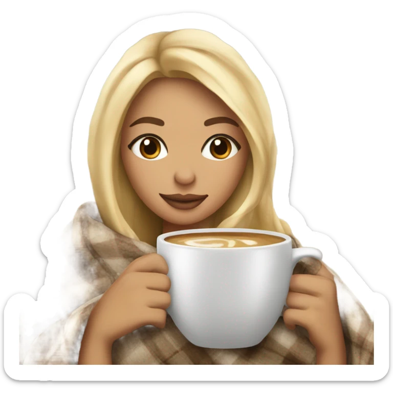 Beautiful woman,Blonde balayage hair, sipping coffee under blanket in bed sticker