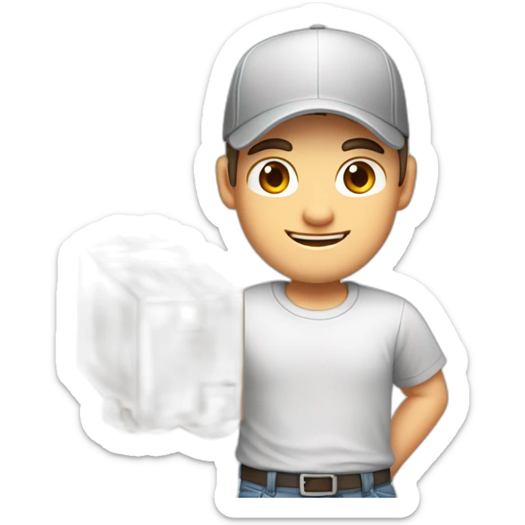 Pale skinned fit Man with dark brown hair in a white cap, gray jeans and gray polo T-shirt keeping a pasted box into his hands sticker