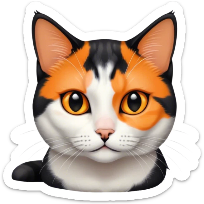 American shorthair calico cat with black fur on the right side of their face and orange on the left side sitting down sticker
