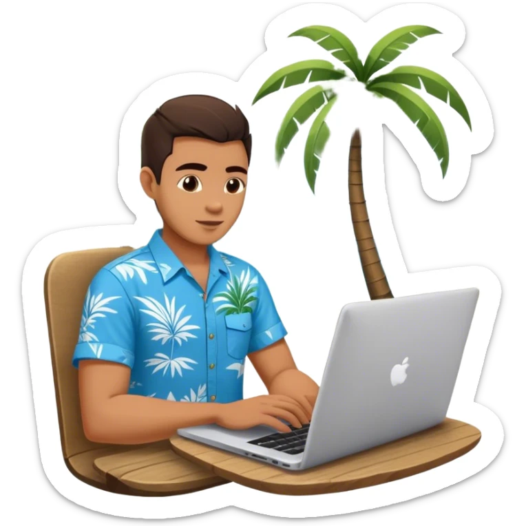 A digital nomad in bali working on a laptop wearing a tropical blue shirt with a palm tree on the side sticker