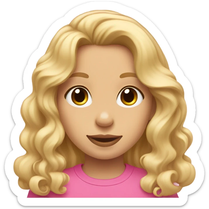 Blonde girl with wavy hair wearing a pink shirt with a blonde cocker spaniel sticker