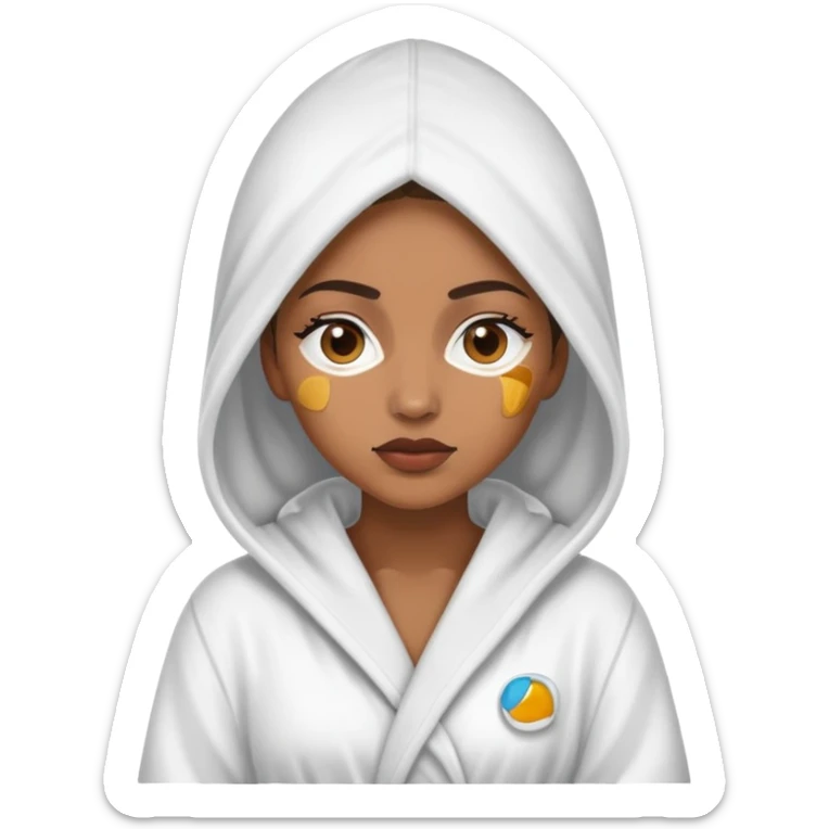 Light brown skin woman wearing hooded bath robe covering hair with under eye patches on sticker