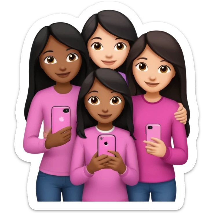 3 brown girl friends with a phone on their hand, one with black long hair light skin,  one with brown hair long and the other one with black with brown medium length hair . Wearing pink glammed up and hugging  sticker
