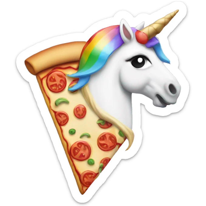 Generate an emoji of a pizza slice with a unicorn horn and rainbow mane sticker