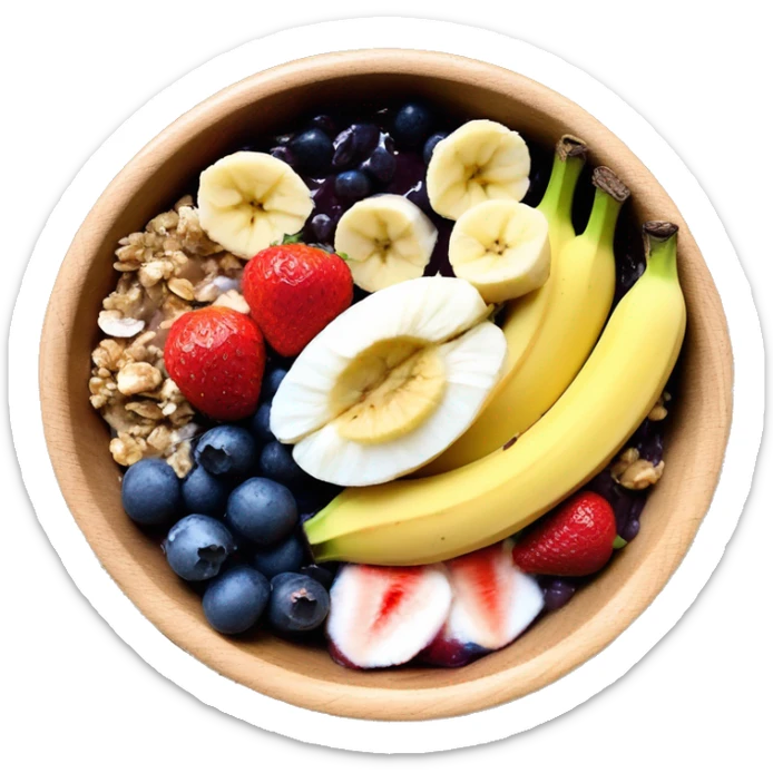 acai bowl in a wood bowl with bananas nutella strawberries granola honey and coconut sticker