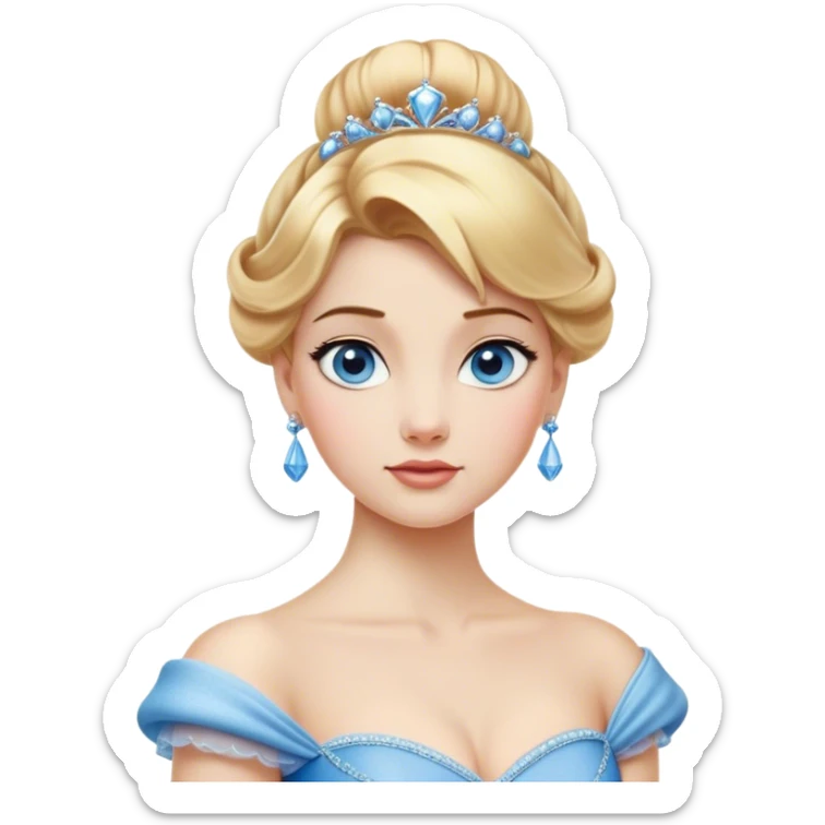 Cinematic Realistic Noble Cinderella Portrait, depicted with porcelain skin rendered in lifelike detail and soft, natural lighting that highlights every delicate nuance. Her intricately styled golden-blonde hair is arranged in an elegant updo, and her deep, expressive blue eyes radiate quiet determination. She wears her classic ball gown with rich fabric textures and delicate folds catching the light beautifully, all set against a subtly glowing, natural background that captures the essence of timeless royal grace. sticker