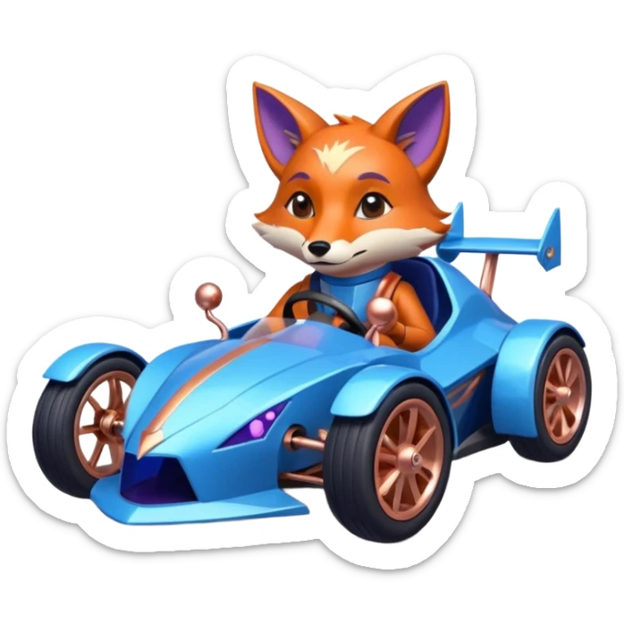 dark crystal blueberry and rosegold-accented cyber faceted-body electric racing car driven by a small cute but relaxed fox with rear spoiler, roll bar, and wheely bar sticker